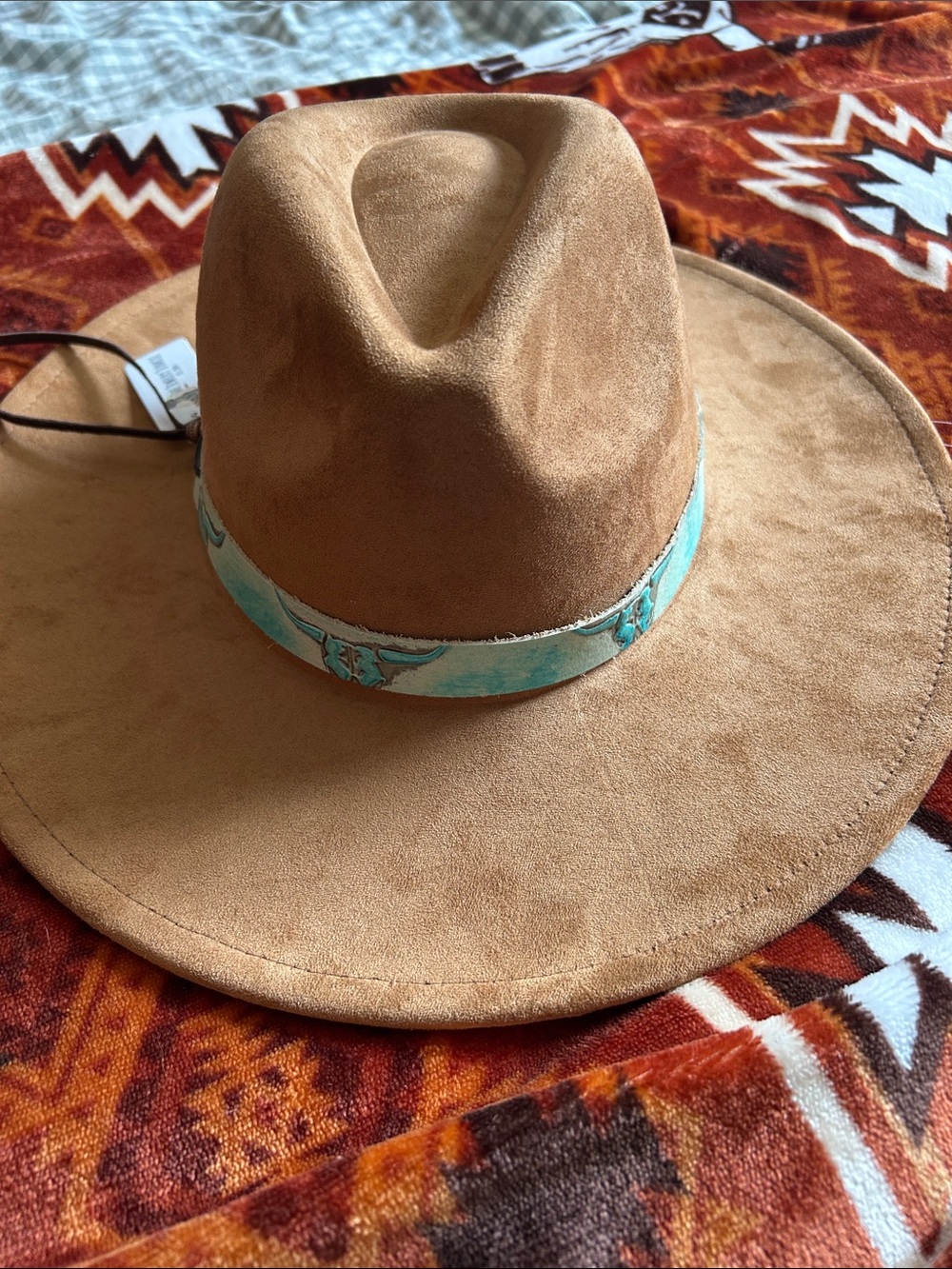 Brown Suede Wide-Brim Hat with Turquoise Band